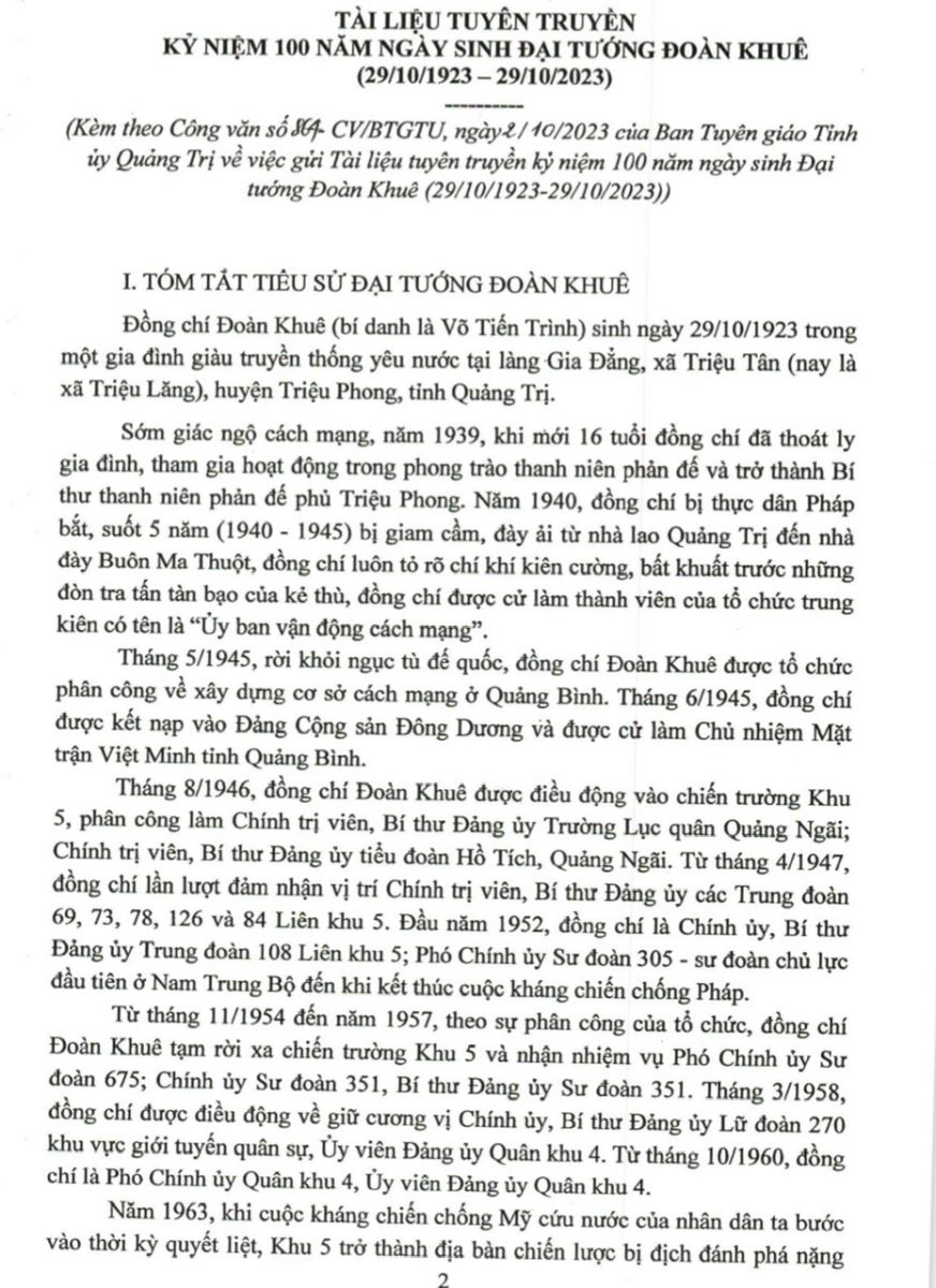 Tài liệu tuyên truyền kỷ niệm 100 năm Ngày sinh Đại tướng Đoàn Khuê