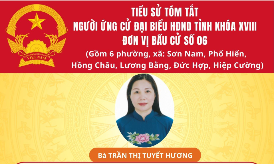 TIỂU SỬ VÀ CHƯƠNG TRÌNH HÀNH ĐỘNG CỦA ỨNG CỬ VIÊN ĐẠI BIỂU HĐND TỈNH KHÓA XVIII TẠI ĐƠN VỊ BẦU CỬ SỐ 6: BÀ TRẦN THỊ TUYẾT HƯƠNG