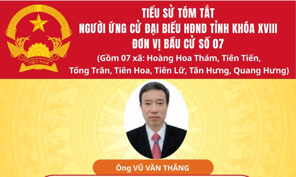 TIỂU SỬ VÀ CHƯƠNG TRÌNH HÀNH ĐỘNG CỦA ỨNG CỬ VIÊN ĐẠI BIỂU HĐND TỈNH KHÓA XVIII TẠI ĐƠN VỊ BẦU CỬ SỐ 7: ÔNG VŨ VĂN THẮNG