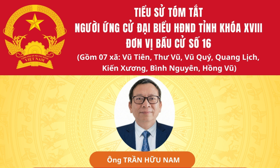 TIỂU SỬ VÀ CHƯƠNG TRÌNH HÀNH ĐỘNG CỦA ỨNG CỬ VIÊN ĐẠI BIỂU HĐND TỈNH KHÓA XVIII TẠI ĐƠN VỊ BẦU CỬ SỐ 16: ÔNG TRẦN HỮU NAM